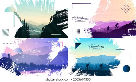 Vector illustration. Travel concept of discovering, exploring and observing nature. Hiking, biking, climbing, looking at view. Adventure trekking tourism. Flat design template of web banner, website