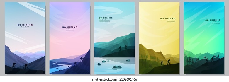 Vector illustration. Travel concept of discovering, exploring and observing nature. Hiking. Adventure tourism. Minimalist graphic flyers. Polygonal flat design for gift voucher, coupon, wallpapers