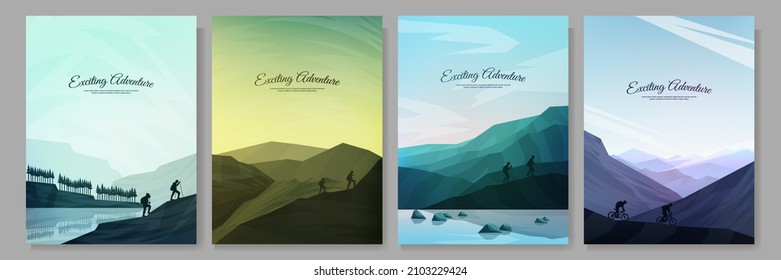 Vector illustration. Travel concept of discovering, exploring and observing nature. Hiking. Adventure tourism. Minimalist graphic flyers. Polygonal flat design for poster, brochure, magazine, cover
