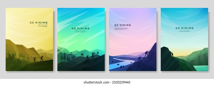 Vector illustration. Travel concept of discovering, exploring and observing nature. Hiking. Adventure tourism. Minimalist graphic flyers. Polygonal flat design for poster, brochure, magazine, cover