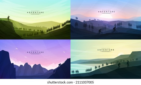 Vector illustration. Travel concept of discovering, exploring and observing nature. Hiking. Adventure tourism. Minimalist graphic wallpapers. Polygonal flat design for web banner, website template