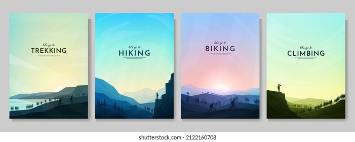 Vector illustration. Travel concept of discovering, exploring and observing nature. Hiking. Adventure tourism. Flat design background for poster, magazine, book cover, banner, invitation, brochure.