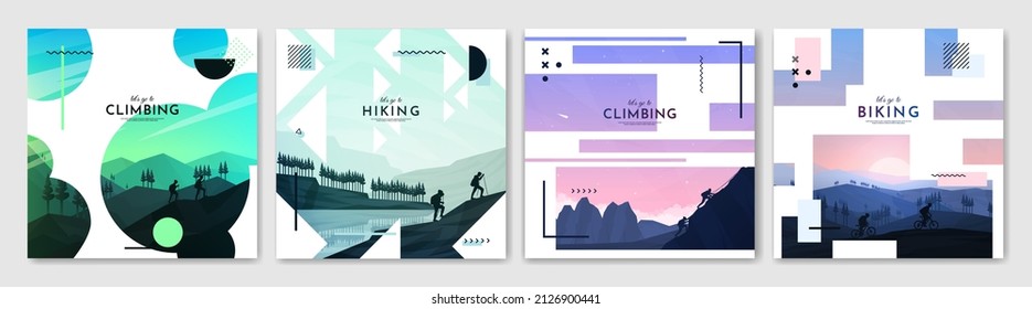 Vector illustration. Travel concept of discovering, exploring and observing nature. Hiking. Adventure tourism. Flat design for web banner, social media template. Geometric shapes. Memphis pattern