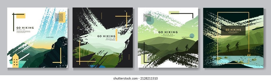 Vector illustration. Travel concept of discovering, exploring and observing nature. Hiking. Memphis pattern. Ink brush stroke. Adventure tourism. Flat design elements for social media, web banner