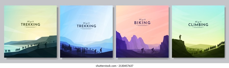 Vector illustration. Travel concept of discovering, exploring and observing nature. Hikers couple, cyclists, man looking at view. Adventure tourism. Flat design template for web or social media banner