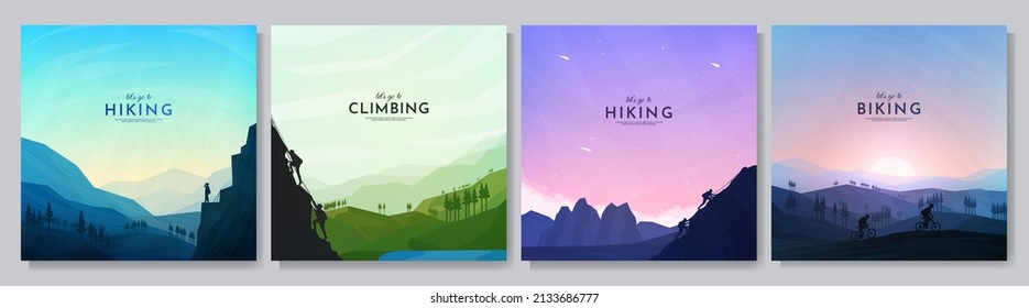 Vector illustration. Travel concept of discovering, exploring and observing nature. Hikers couple, cyclists, climbing on cliff. Adventure tourism. Flat design template for web or social media banner