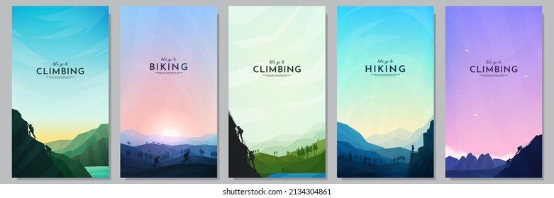 Vector illustration. Travel concept of discovering, exploring and observing nature. People hike, climb, bike. Adventure tourism. Flat design background for flyer, voucher, coupon, leaflet, gift card.