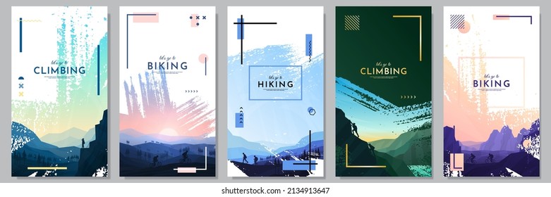 Vector illustration. Travel concept of discovering, exploring and observing nature. Hiking. Memphis pattern. Ink brush stroke. Adventure tourism. Design elements for flyer, leaflet, coupon, voucher