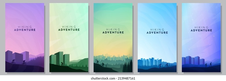 Vector illustration. Travel concept of discovering, exploring and observing nature. Hiking around the city. Adventure tourism. Flat design template of flyer, coupon, voucher, gift card. Cityscape