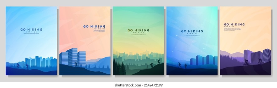 Vector illustration. Travel concept of discovering, exploring and observing nature. Hiking around the city. Adventure tourism. Flat design for poster, magazine, book cover. Cityscape architecture 