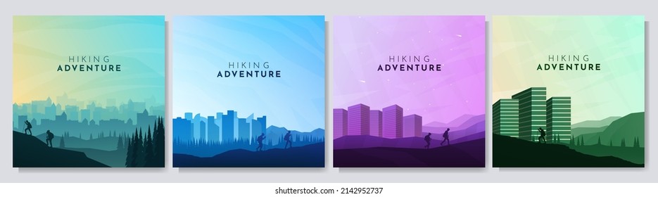 Vector illustration. Travel concept of discovering, exploring and observing nature. Hiking on park by the city buildings. Adventure trekking tourism. Flat design for web banner, social media template