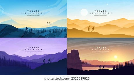 Vector illustration. Travel concept of discovering, exploring and observing nature. Hiking. Adventure tourism. Couple walking with backpacks. Website template. Evening scene. Set of backgrounds