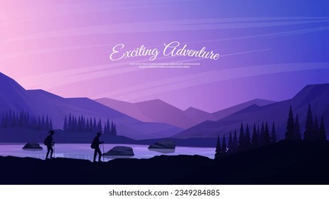 Vector illustration. Travel concept of discovering, exploring and observing nature. Hiking. Adventure tourism. Travellers couple are walking with backpack and travel sticks. Web banner template