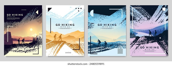 Vector illustration. Travel concept of discovering, exploring and observing nature. Hiking. Climbing. Adventure tourism. Flat design elements brochure, magazine, book cover, invitation, poster, card