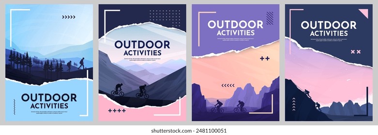 Vector illustration. Travel concept of discovering, exploring and observing nature. Hiking. Climbing. Adventure tourism. Flat design elements brochure, magazine, book cover, invitation, poster, flyer