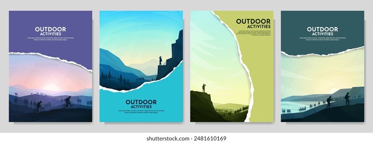 Vektorillustration. Reisekonzept der Entdeckung, Erkundung und Beobachtung der Natur. Wandern. Klettern. Abenteuertourismus. Flat Design-Elemente Broschüre, Magazin, Buchumschlag, Einladung, Plakat, Flyer