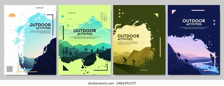 Ilustración vectorial. Concepto de viaje de descubrir, explorar y observar la naturaleza. Viaje de senderismo. Escalada. Turismo de aventura. Diseño para folleto, revista, portada de libro, invitación, póster, tarjeta, folleto