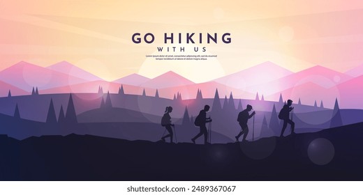 Vector illustration. Travel concept of discovering, exploring and observing nature. Tourists have hiking trip. Travelers climb with backpack and travel walking sticks. Website template. Flat landscape