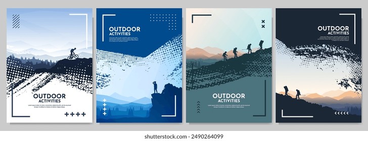 Vector illustration. Travel concept of discovering, exploring and observing nature. Tourists have hiking trip. Travelers climb with backpack and travel walking sticks. Website template. Flat landscape