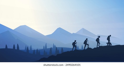 Vector illustration. Travel concept of discovering, exploring and observing nature. Tourists have hiking trip. Traveller climb with backpack and travel walking sticks. Website template. Flat landscape