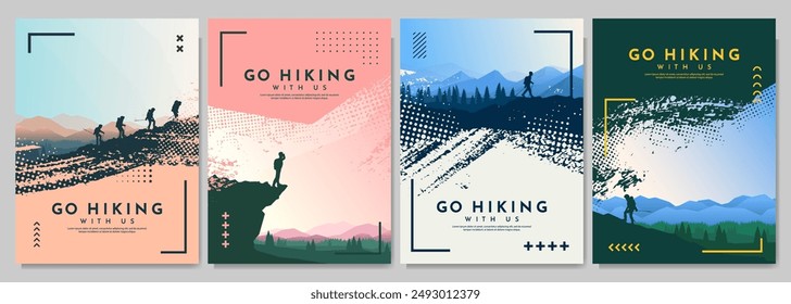 Vector illustration. Travel concept of discovering, exploring and observing nature. Tourists have hiking trip. Travelers climb with backpack and travel walking sticks. Design for poster, cover, flyer