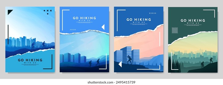 Vektorillustration. Reisekonzept der Entdeckung, Erkundung und Beobachtung der Natur. Wandern. Klettern. Abenteuertourismus. Flat Design-Elemente Broschüre, Magazin, Buchumschlag, Einladung, Plakat, Flyer