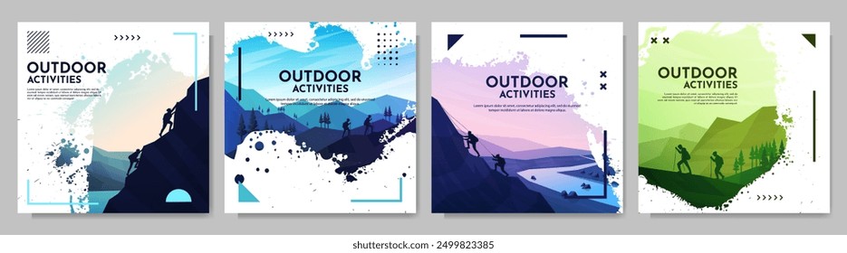 Vector illustration. Travel concept of discovering, exploring and observing nature. Hiking. Adventure tourism background with brush stroke smear overlay, halftone dots and memphis pattern elements