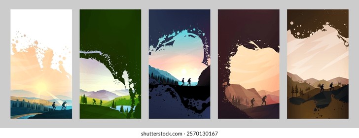 Vector illustration. Travel concept of discovering, exploring and observing nature. Hiking. Adventure tourism background with brush stroke smear overlay. Design for flyers, vouchers, coupons, cards