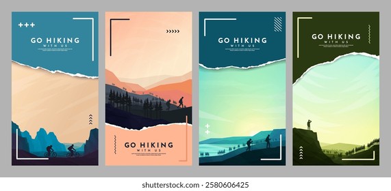 Vector illustration. Travel concept of discovering, exploring and observing nature. Adventure tourism background with tear paper overlay and memphis pattern geometric elements. Flat style landscape