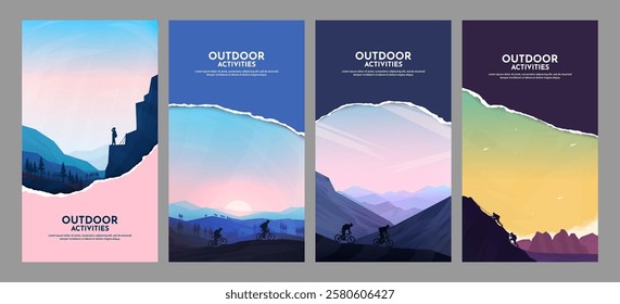 Vector illustration. Travel concept of discovering, exploring and observing nature. Adventure tourism background with tear paper overlay.  Design for flyer, voucher, coupon, leaflet. Flat landscape