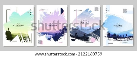 Vector illustration. Travel concept of discovering, exploring and observing nature. Hiking. Memphis pattern. Adventure tourism. Flat design elements brochure, magazine, book cover, poster, card