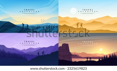 Vector illustration. Travel concept of discovering, exploring and observing nature. Hiking. Adventure tourism. Couple walking with backpacks. Website template. Evening scene. Set of backgrounds