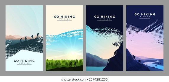 Vector illustration. Travel concept of exploring and observing nature. Hiking and adventure tourism background with brush stroke overlay and halftone dots, capturing the spirit of outdoor discovery