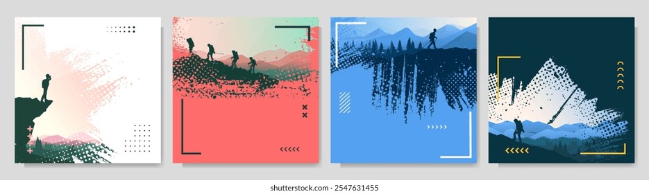 Vector illustration. Travel concept of hiking, discovering, exploring and observing nature. Adventure tourism background with brush stroke smear overlay, halftone dots and memphis pattern elements