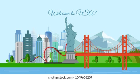 Vector illustration of travel concept, Welcome to USA. United States of America poster with most famous buildings.