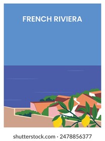 Ilustración vectorial del póster de destino de viaje. Diseño para póster, Anuncio, tarjeta, postal con concepto de estilo plano. Viaje a la Riviera Francesa.