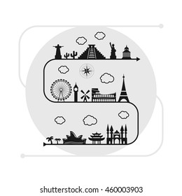 vector illustration / travel destinations and landmarks on one line in black and white colors for touristic agencies and travel companies 