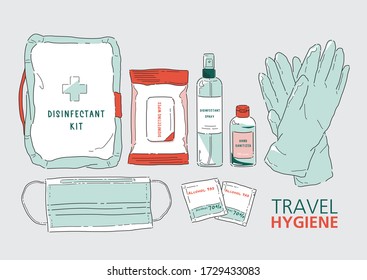 Vector Illustration Of Travel Disinfectant Kit. Elevated Health And Wellness. Protect Yourself From Germs, Bacteria And Virus. Coronavirus (COVID-19),