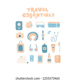 Vector illustration of travel essentials with items for trips.