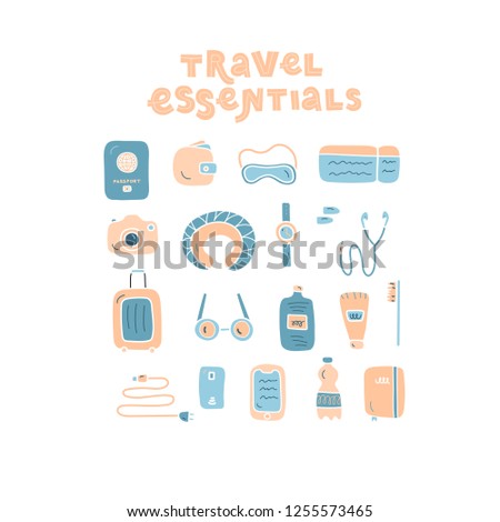 Vector illustration of travel essentials with items for trips.
