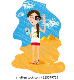 Vector illustration travel girl with camera