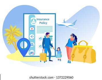 Vector Illustration Travel Health Insurance Flat. Man Woman and Child Come to Rest. Insurance Covers Accident and Protects Health. Family Traveler Health Program and Support, Cartoon.