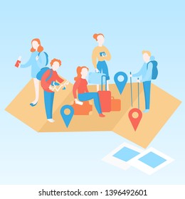 Vector Illustration Travel and holiday tourism. Cartoon Traveler character with equipments. Tourists going on holiday and vacation