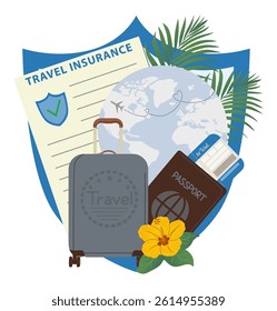 Vector illustration of travel insurance with shield and essentials for traveling with suitcase, globe, passport with ticket and travel insurance document
