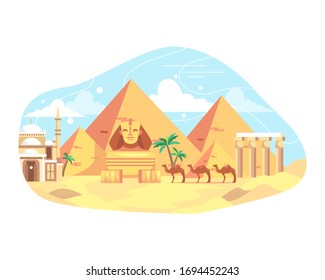 Vector illustration travel and landmark Egypt. Egypt landmarks and travel place, Pyramid of Egypt, History landmarks. Egyptian landmark pyramid architecture. Vector illustration in flat style