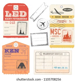 Vector Illustration Travel Luggage tags Collection with russian Cities as destination 