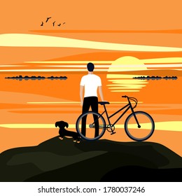 vector illustration travel man and his dog on a bicycle. Against the background of the landscape, the river and the sky in orange colors. 