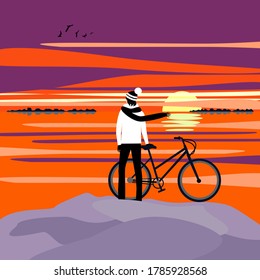 vector illustration travel man on a bicycle. Against the background of the sunset landscape, the river and the sky in orange and lilac colors. 