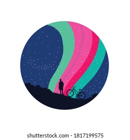 Vektorgrafik reist Mann auf einem Fahrrad. Vor dem Hintergrund der Landschaft, der Himmel in rosa und grüne Farben. Nordlichter