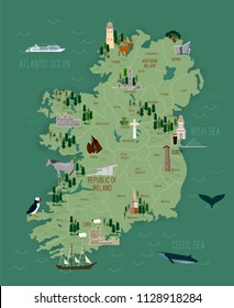 Vector Illustration Of Travel Map Of Ireland With Landmarks And Cities, Roadmap.  Ireland Culture Travel Set, Famous Architectures And Specialties. Business Travel And Tourism Concept Clipart, Icons.